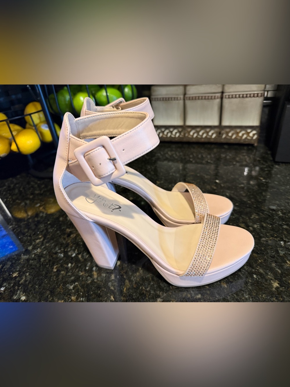 Ankle Strap Block Heels in Blush Pink with Rhinestone Toe Strap